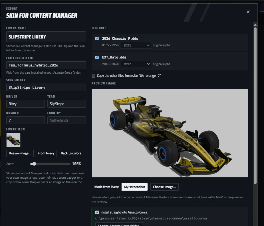 The export window with skin name, driver, number, livery icon and a 3D preview picture of the yellow car