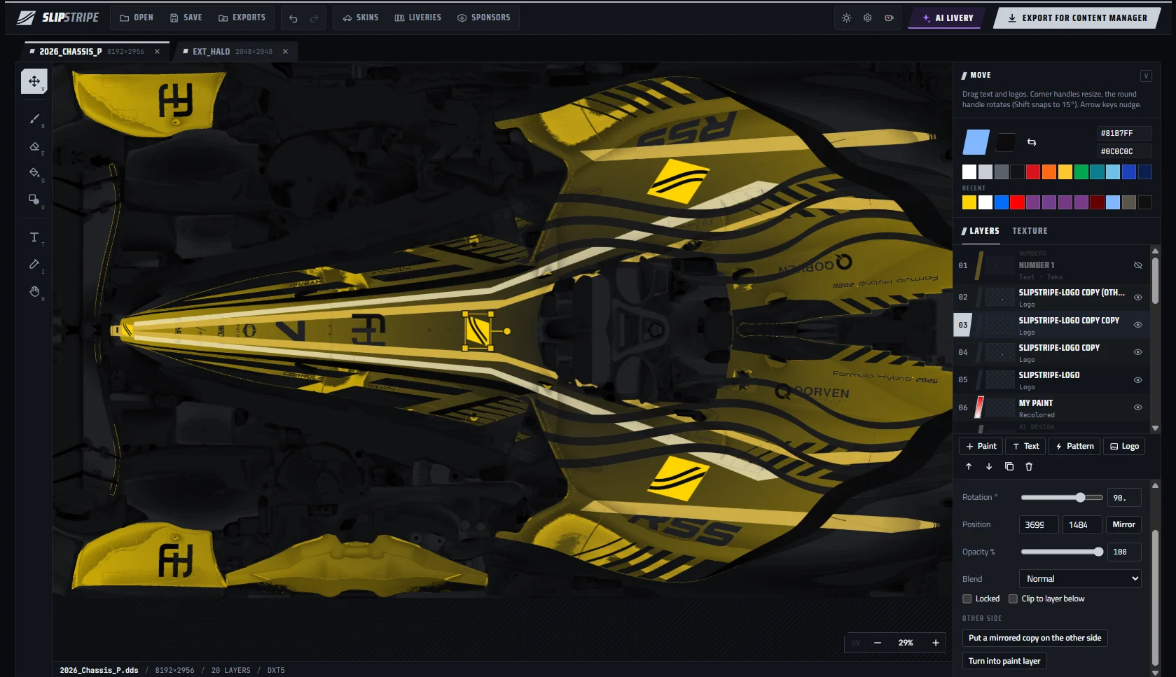 A yellow and black livery being painted on an RSS Formula Hybrid 2026 texture, with logo layers listed on the right