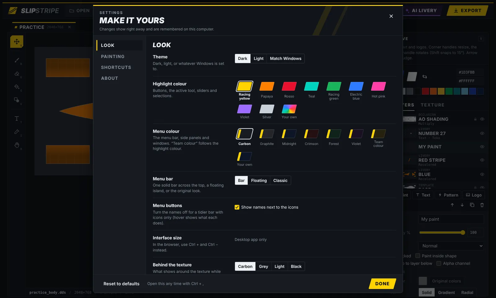 The Slipstripe settings window with theme, highlight colour and menu colour choices